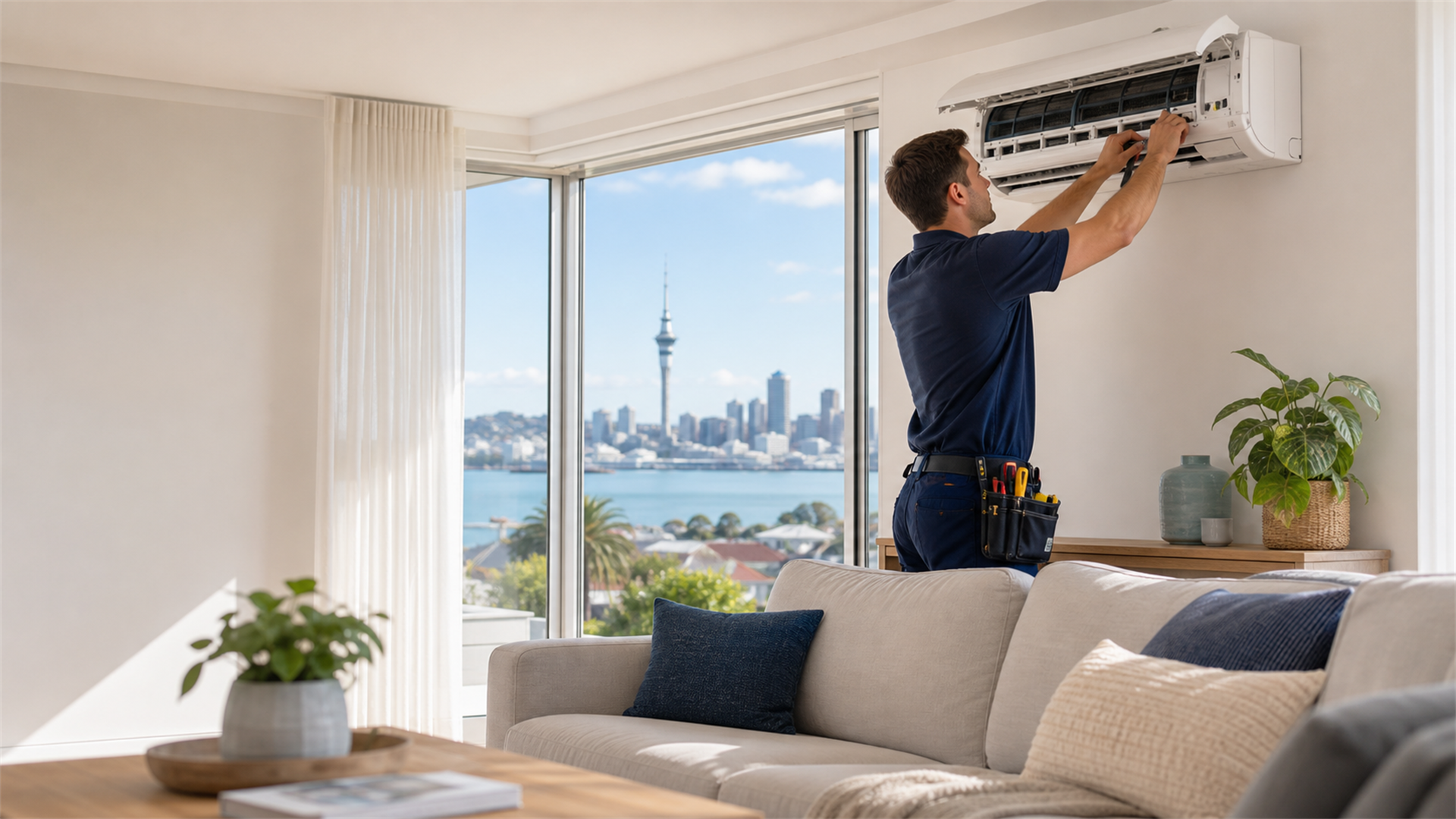 Comfort Breeze Air technician installing a heat pump in a bright Auckland living room